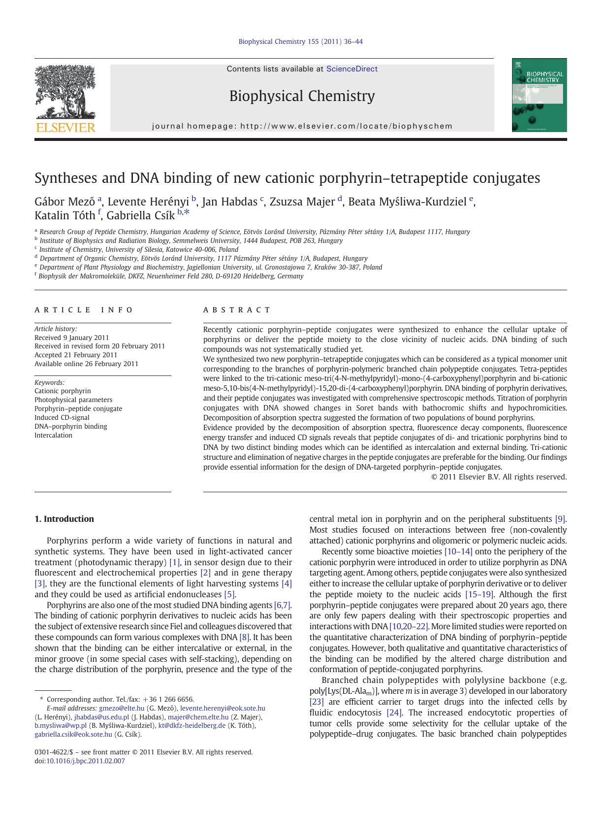 Syntheses and DNA binding of new cationic porphyrinâtetrapeptide conjugates by unknow