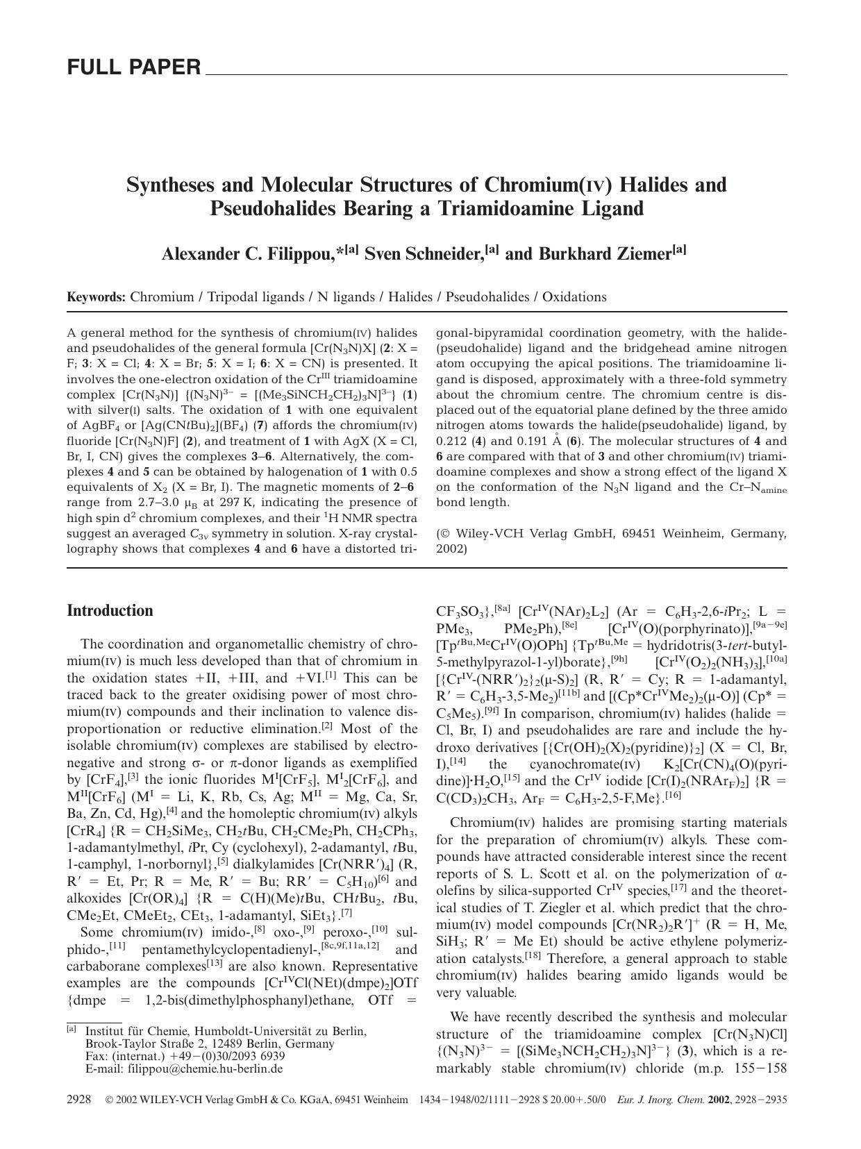 Syntheses and Molecular Structures of Chromium(IV) Halides and Pseudohalides Bearing a Triamidoamine Ligand by Unknown