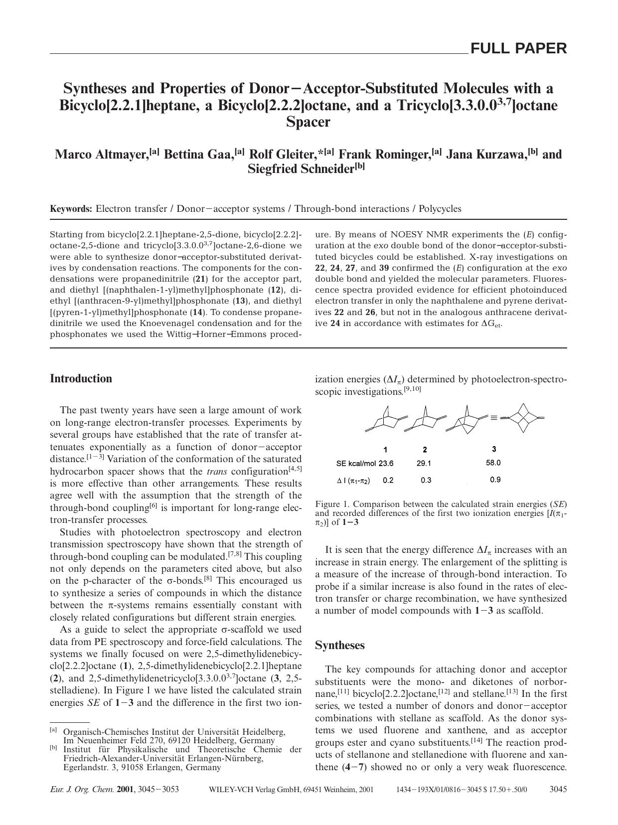 Syntheses and Properties of Donor-Acceptor-Substituted Molecules with a Bicyclo[2.2.1]heptane, a Bicyclo[2.2.2]octane, and a Tricyclo[3.3.0.03,7]octane Spacer by Unknown