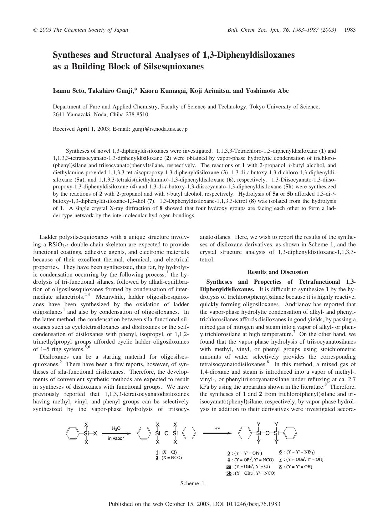 Syntheses and Structural Analyses of 1,3-Diphenyldisiloxanes as a Building Block of Silsesquioxanes by Isamu Seto Takahiro Gunji Kaoru Kumagai Koji Arimitsu & Yoshimoto Abe
