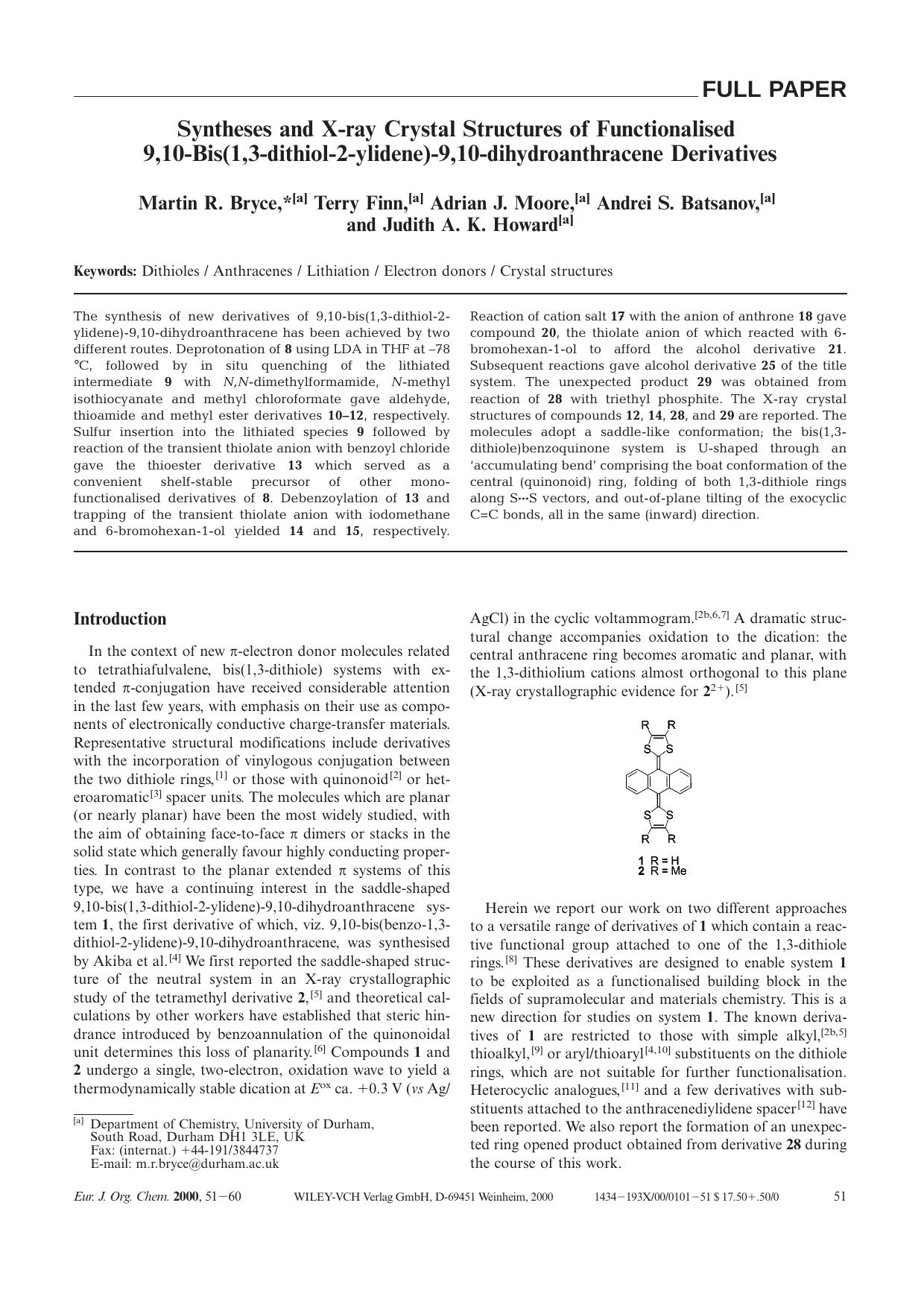 Syntheses and X-ray Crystal Structures of Functionalised 9,10-Bis(1,3-dithiol-2-ylidene)-9,10-dihydroanthracene Derivatives by Unknown