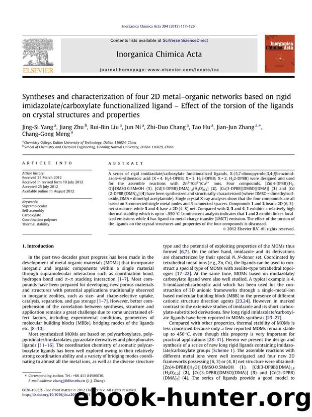 Syntheses and characterization of four 2D metalâorganic networks based on rigid imidazolatecarboxylate functionalized ligand â Effect of the torsion of the ligands on crystal s by unknow