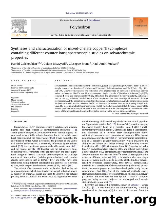 Syntheses and characterization of mixed-chelate copper(II) complexes containing different counter ions; spectroscopic studies on solvatochromic properties by Hamid Golchoubian & Golasa Moayyedi & Giuseppe Bruno & Hadi Amiri Rudbari