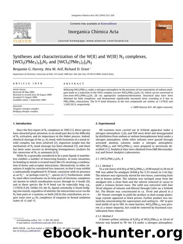 Syntheses and characterization of the W(II) and W(III) N2 complexes, [WCl2(PMe3)3]2N2 and [WCl3(PMe3)2]2N2 by Benjamin G. Harvey; Atta M. Arif; Richard D. Ernst