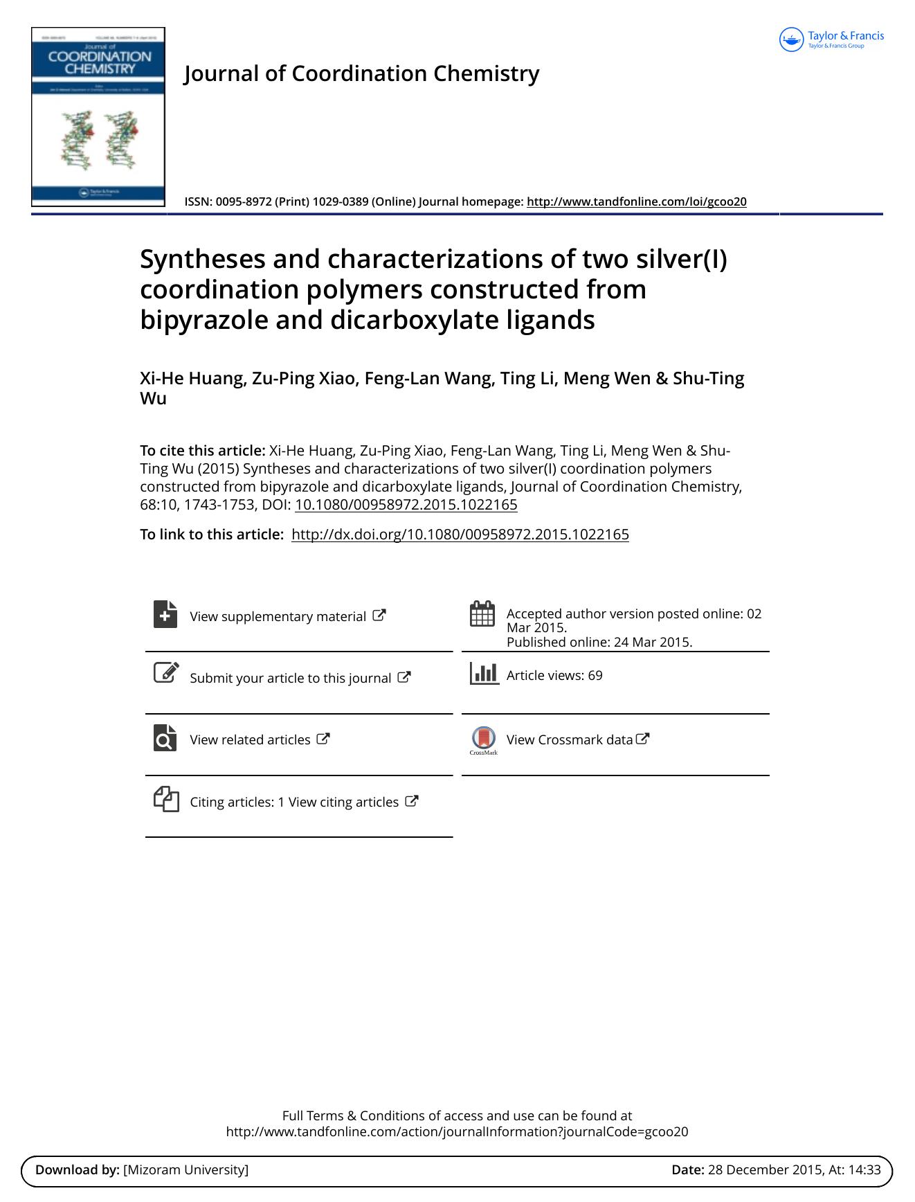 Syntheses and characterizations of two silver(I) coordination polymers constructed from bipyrazole and dicarboxylate ligands by Xi-He Huang