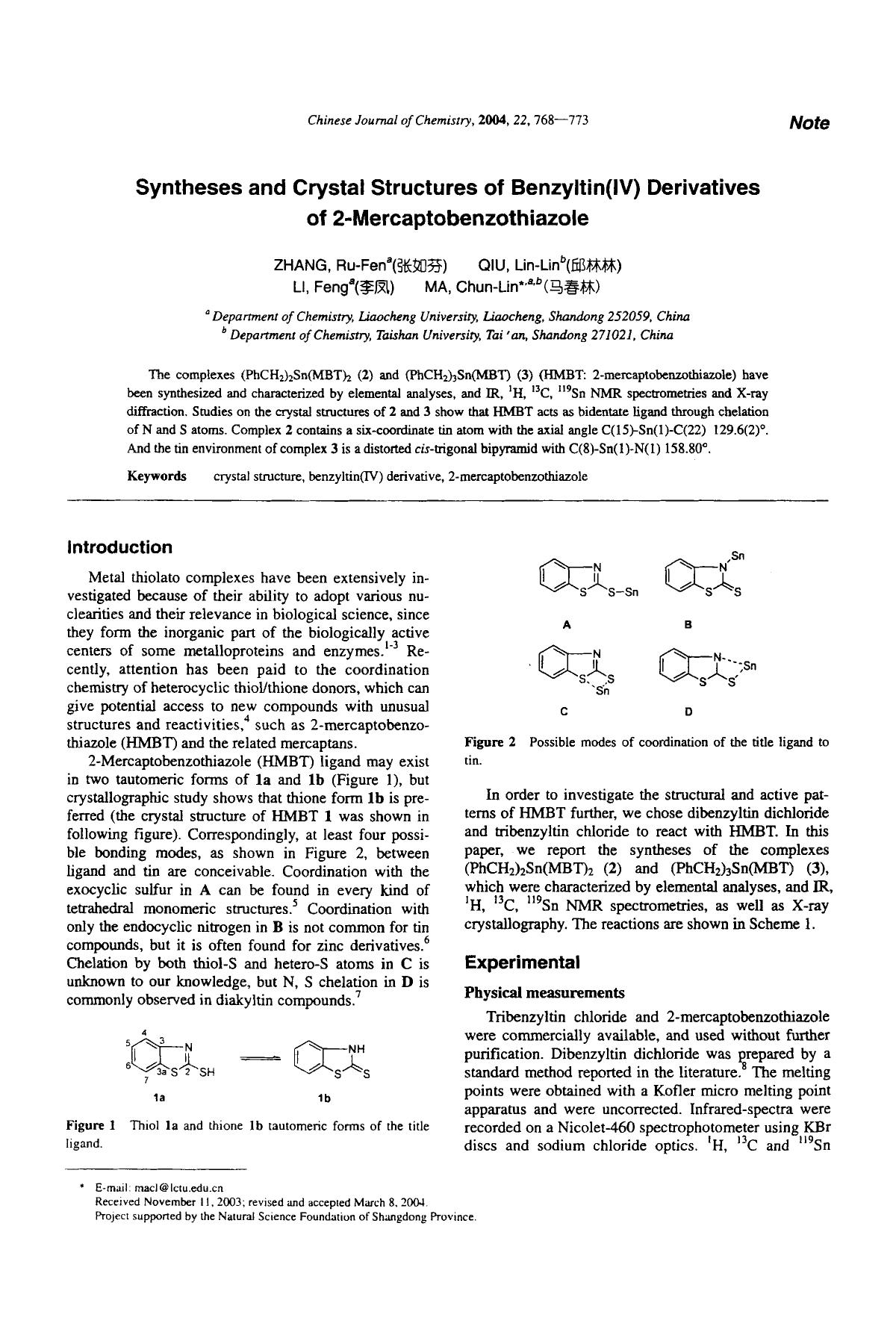 Syntheses and crystal structures of benzyltin(IV) derivatives of 2mercaptobenzothiazole by Unknown