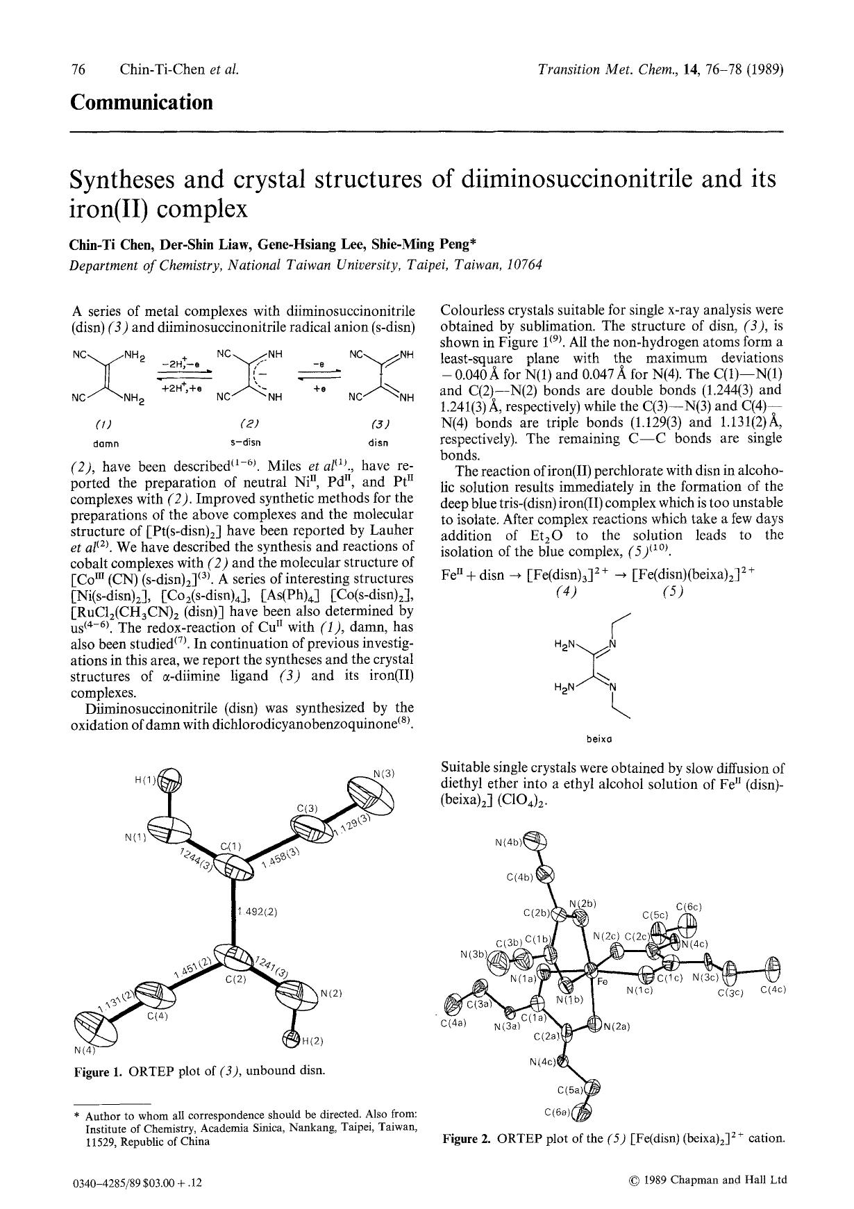 Syntheses and crystal structures of diiminosuccinonitrile and its iron(II) complex by Unknown