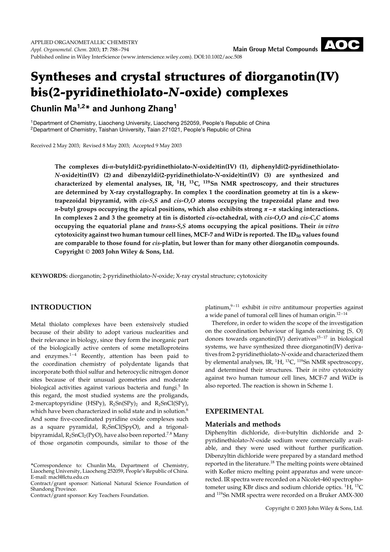 Syntheses and crystal structures of diorganotin(IV) bis(2-pyridinethiolato-N-oxide) complexes by Unknown