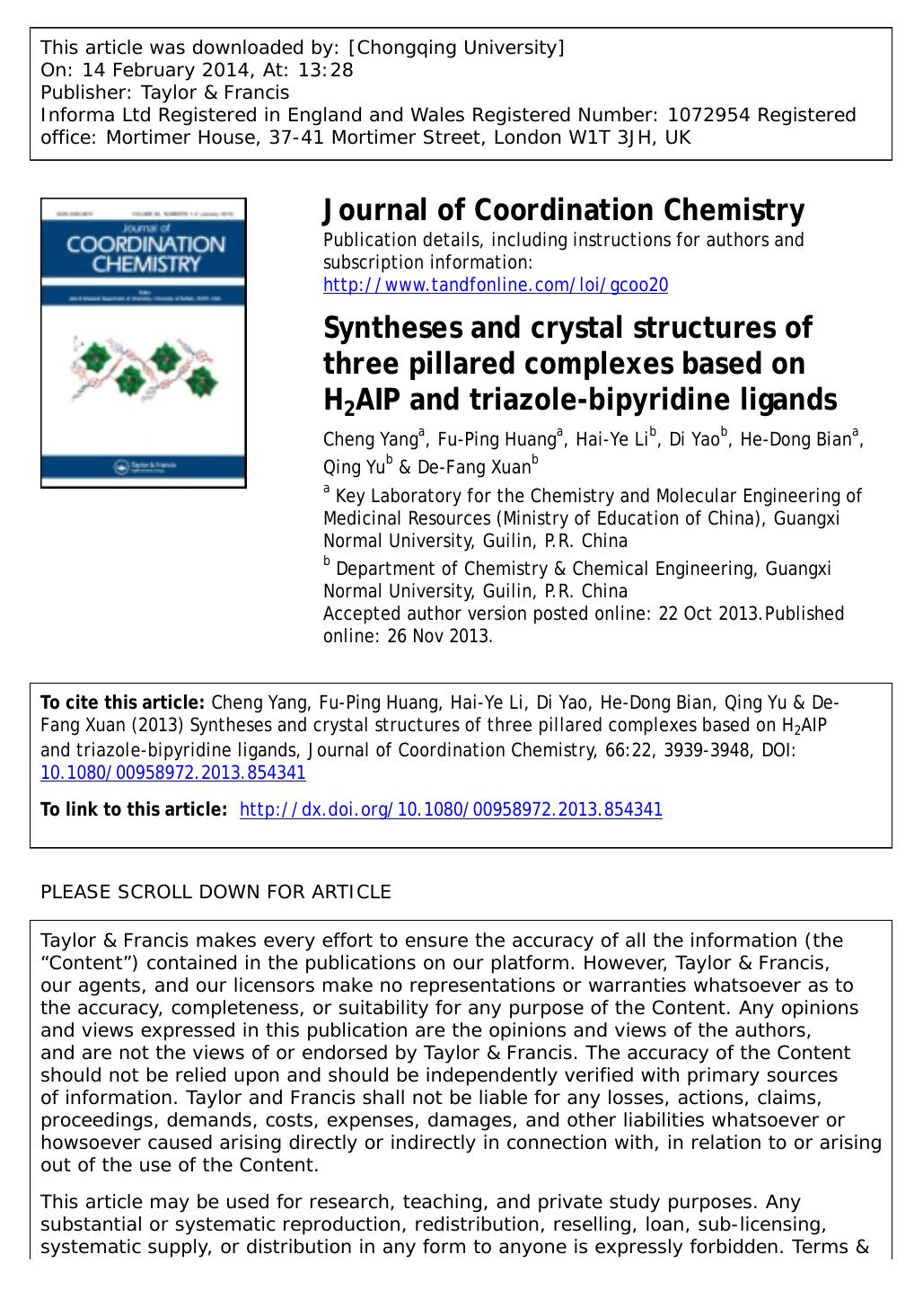 Syntheses and crystal structures of three pillared complexes based on H2AIP and triazole-bipyridine ligands by Cheng Yang & Fu-Ping Huang & Hai-Ye Li & Di Yao & He-Dong Bian & Qing Yu & De-Fang Xuan