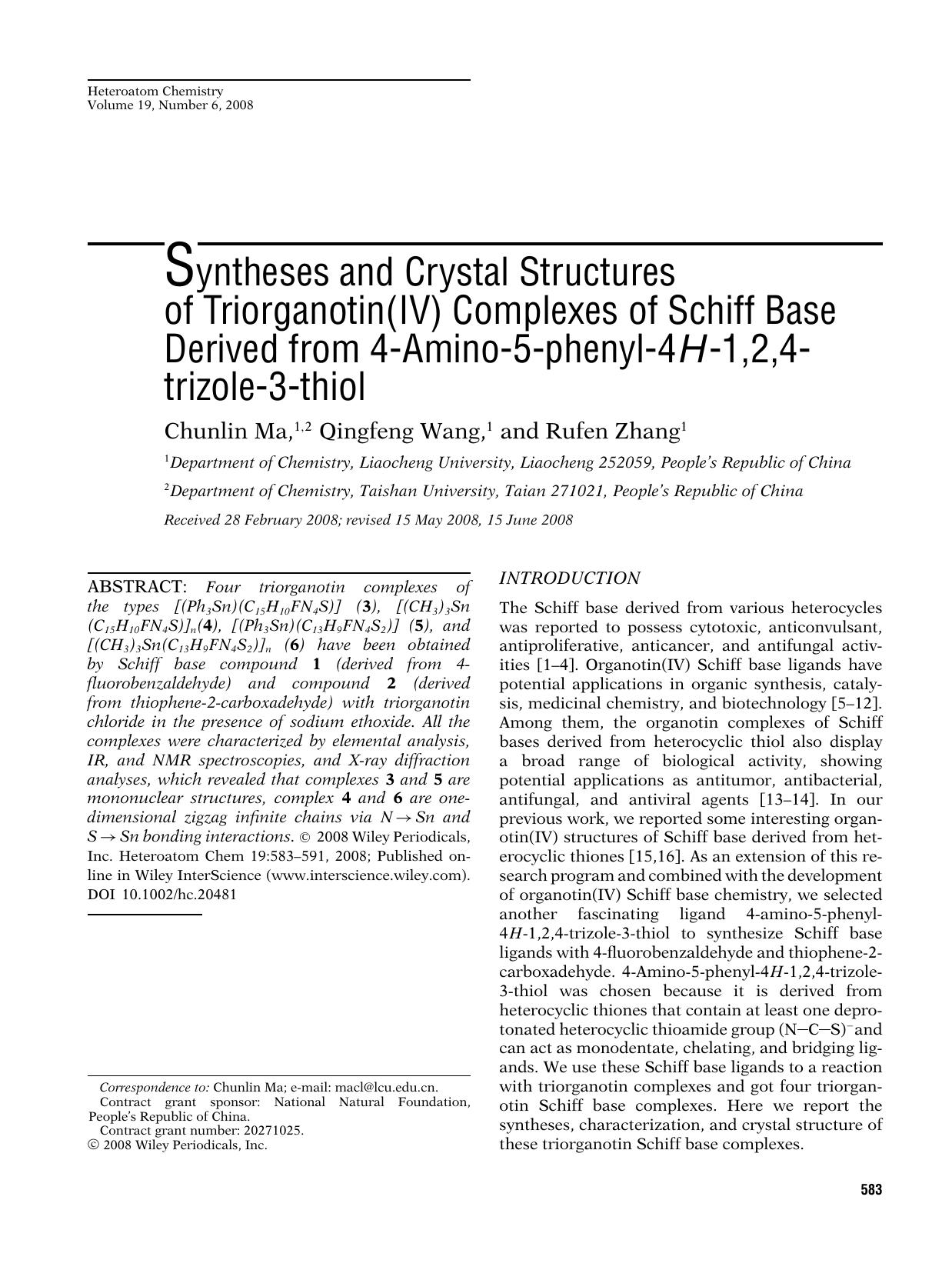 Syntheses and crystal structures of triorganotin(IV) complexes of schiff base derived from 4-amino-5-phenyl-4H-1,2,4-trizole-3-thiol by Ambika p PrasadTECHBOOKS