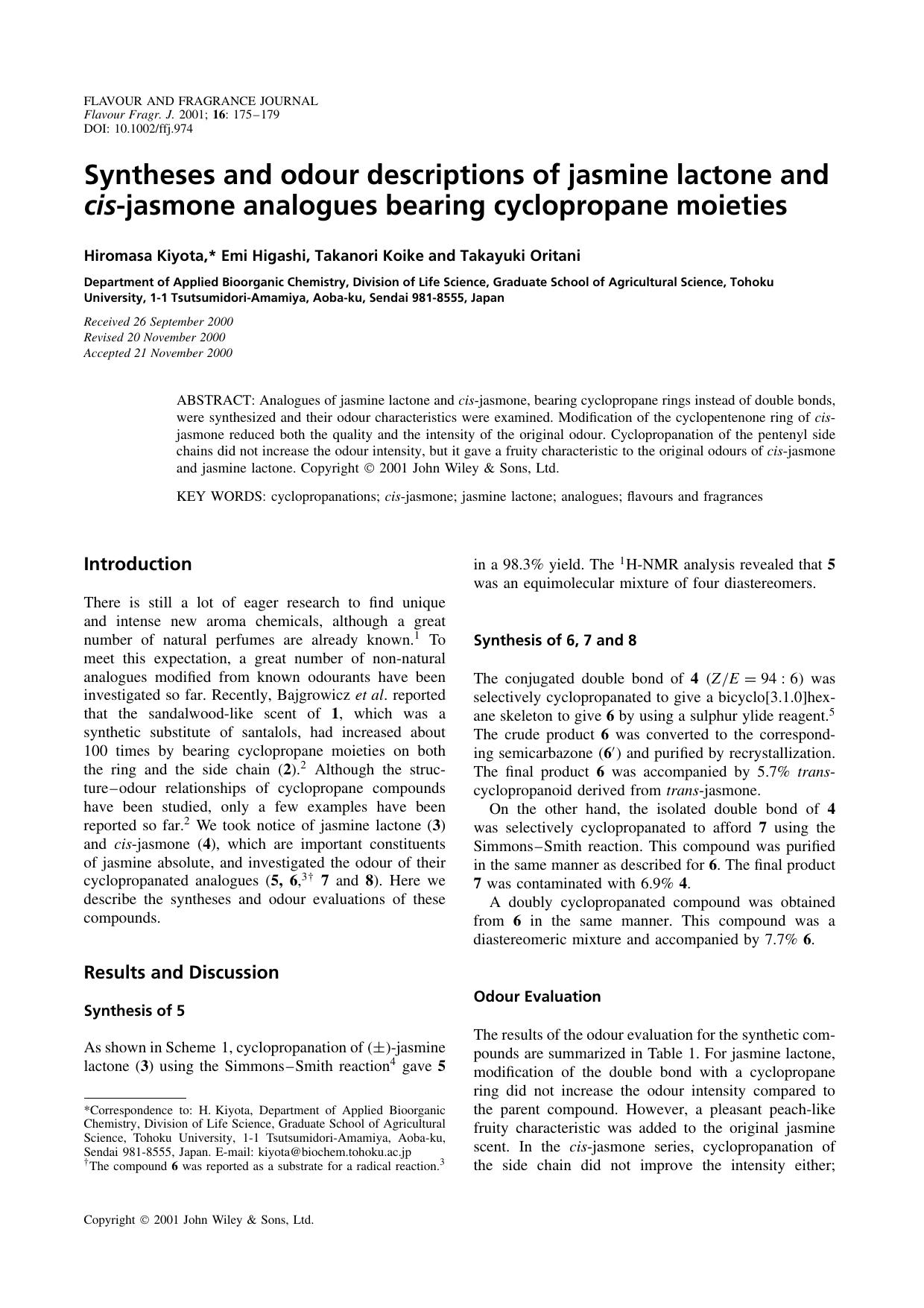 Syntheses and odour descriptions of jasmine lactone and cis-jasmone analogues bearing cyclopropane moieties by Unknown