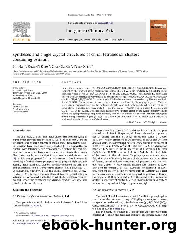 Syntheses and single crystal structures of chiral tetrahedral clusters containing osmium by Bin Hu; Quan-Yi Zhao; Chun-Gu Xia; Yuan-Qi Yin