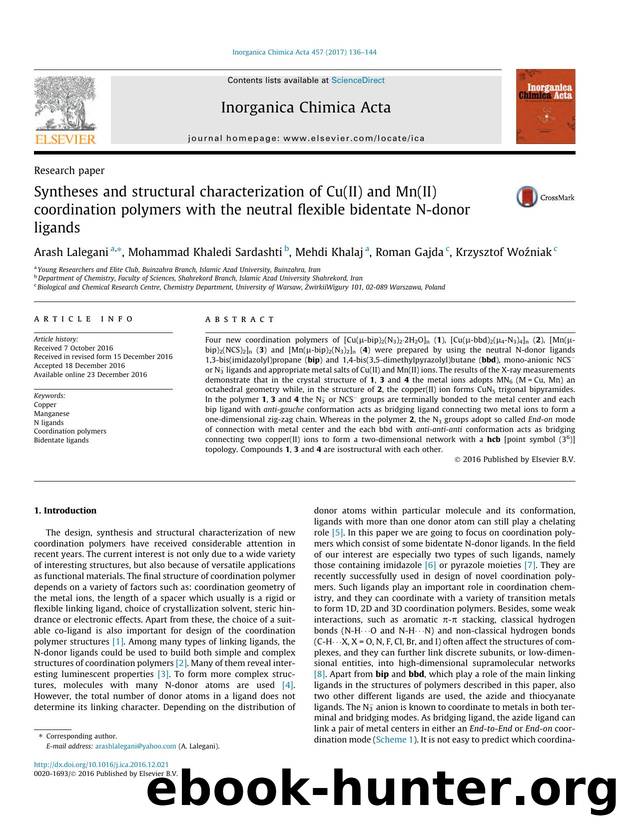 Syntheses and structural characterization of Cu(II) and Mn(II) coordination polymers with the neutral flexible bidentate N-donor ligands by Arash Lalegani & Mohammad Khaledi Sardashti & Mehdi Khalaj & Roman Gajda & Krzysztof Woźniak