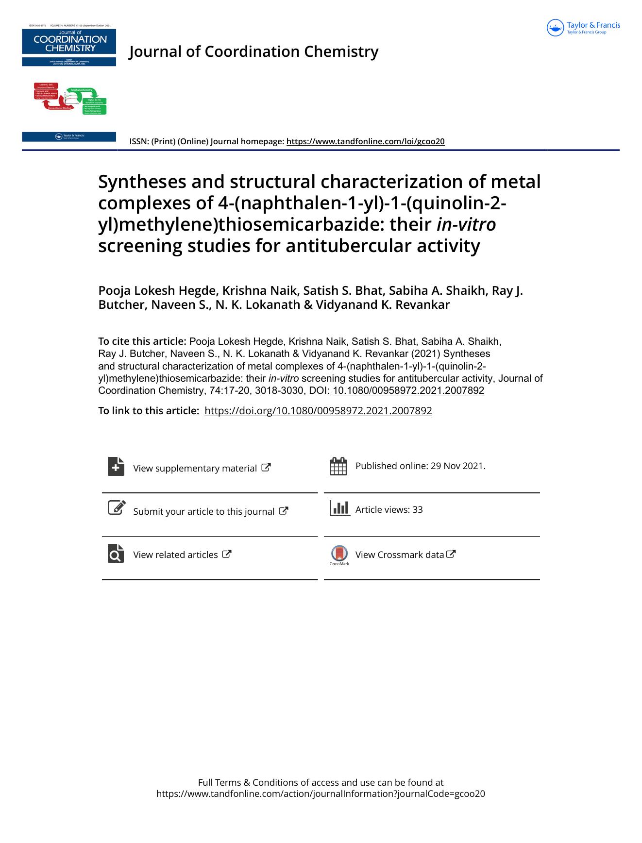 Syntheses and structural characterization of metal complexes of 4-(naphthalen-1-yl)-1-(quinolin-2-yl)methylene)thiosemicarbazide: their in-vitro screening studies for antitubercular activity by unknow