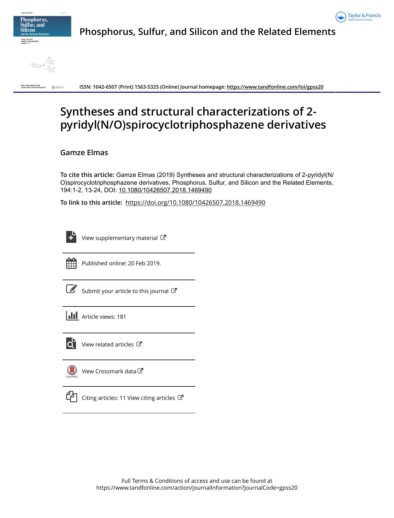 Syntheses and structural characterizations of 2-pyridyl(NO)spirocyclotriphosphazene derivatives by Elmas Gamze
