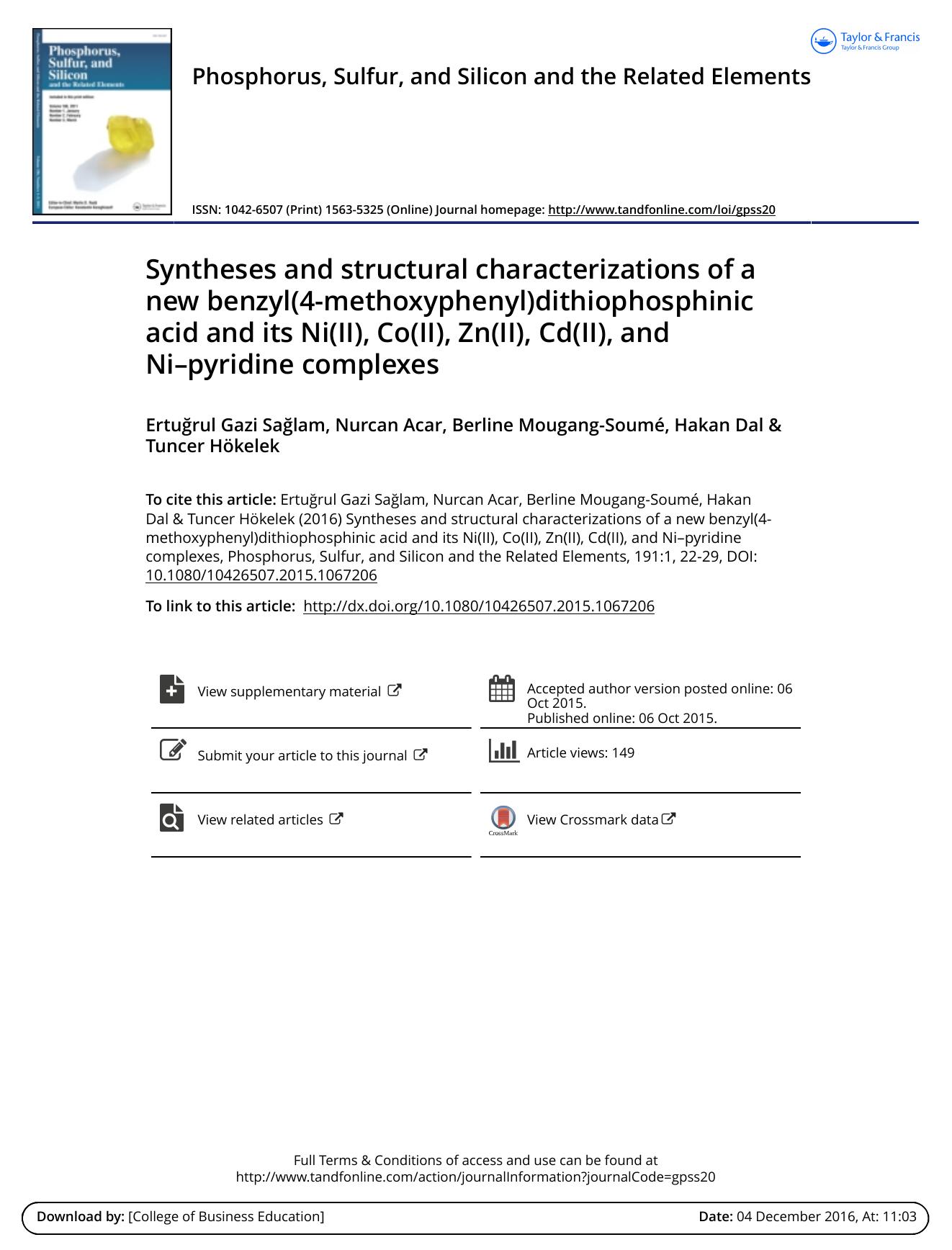Syntheses and structural characterizations of a new benzyl(4-methoxyphenyl)dithiophosphinic acid and its Ni(II), Co(II), Zn(II), Cd(II), and Ni--pyridine complexes by Ertugrul Gazi Saglam