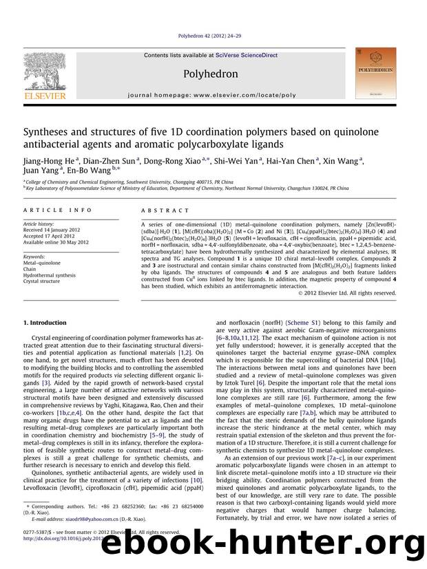 Syntheses and structures of five 1D coordination polymers based on quinolone antibacterial agents and aromatic polycarboxylate ligands by unknow