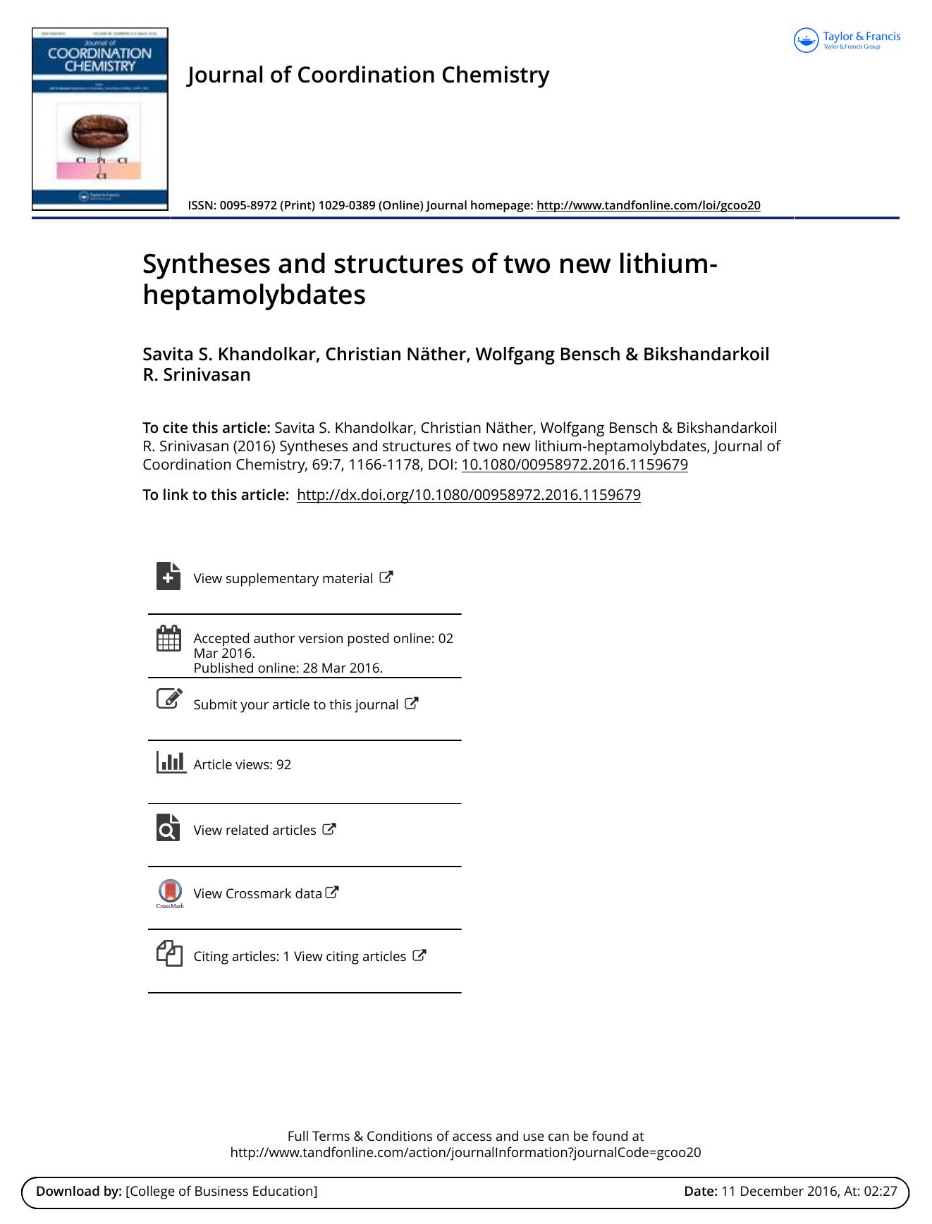 Syntheses and structures of two new lithium-heptamolybdates by Savita S. Khandolkar & Christian Näther & Wolfgang Bensch & Bikshandarkoil R. Srinivasan