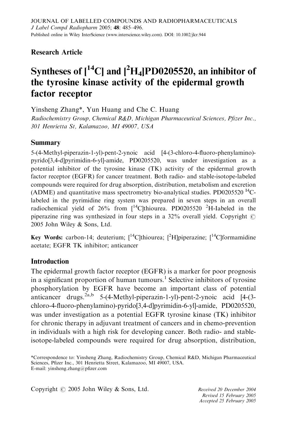 Syntheses of [14C] and [2H4]PD0205520, an inhibitor of the tyrosine kinase activity of the epidermal growth factor receptor by Unknown