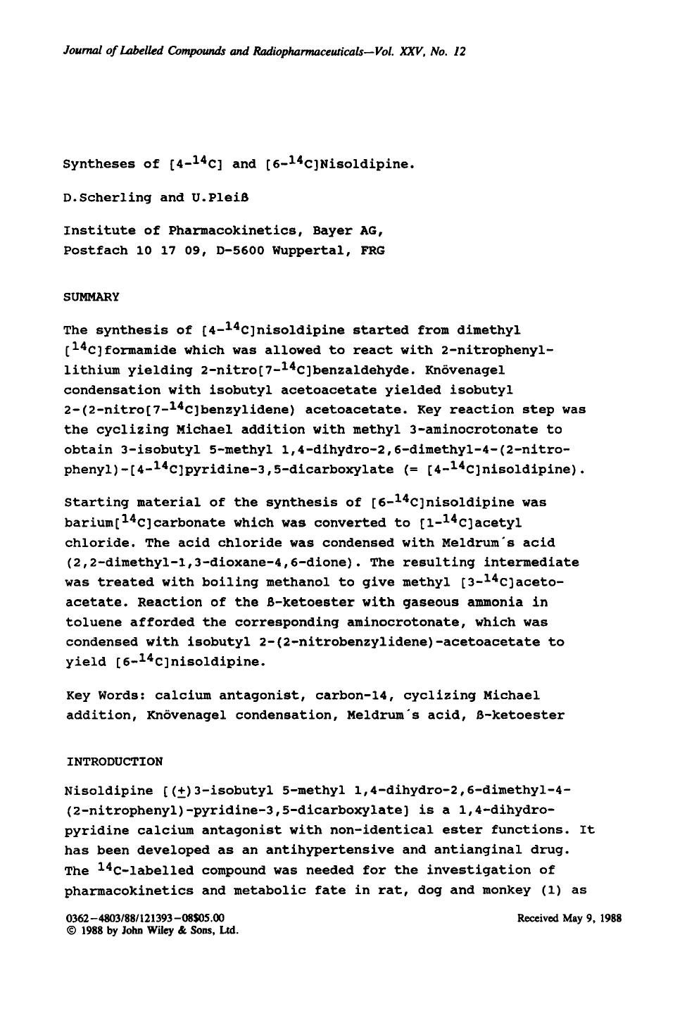 Syntheses of [4-14c] and [6-14c]nisoldipine by Unknown