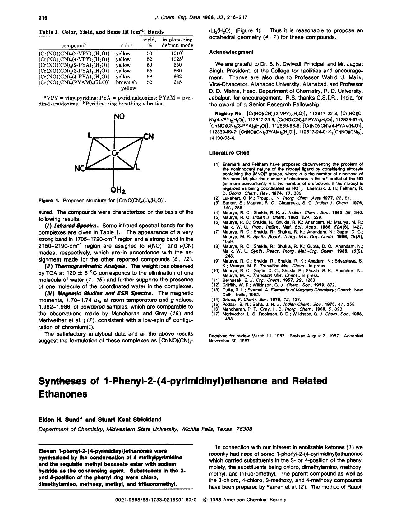 Syntheses of 1-phenyl-2-(4-pyrimidinyl)ethanone and related ethanones by Eldon H. Sund Stuart Kent Strickland