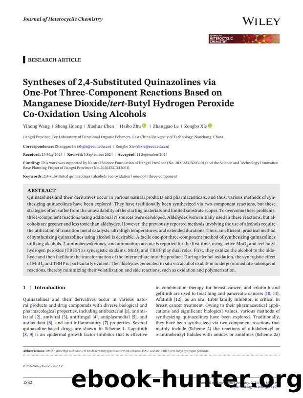 Syntheses of 2,4âsubstituted quinazolines via oneâpot threeâcomponent reactions based on manganese dioxidetertâbutyl hydrogen peroxide coâoxidation using alcohols by Unknown