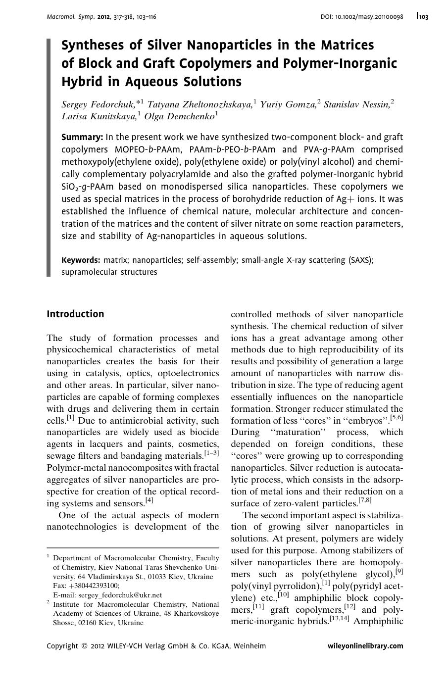 Syntheses of Silver Nanoparticles in the Matrices of Block and Graft Copolymers and PolymerInorganic Hybrid in Aqueous Solutions by Unknown