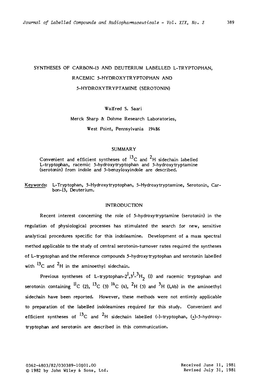 Syntheses of carbon-13 and deuterium labelled L-tryptophan, racemic 5-hydroxytryptophan and 5-hydroxytryptamine (serotonin) by Unknown