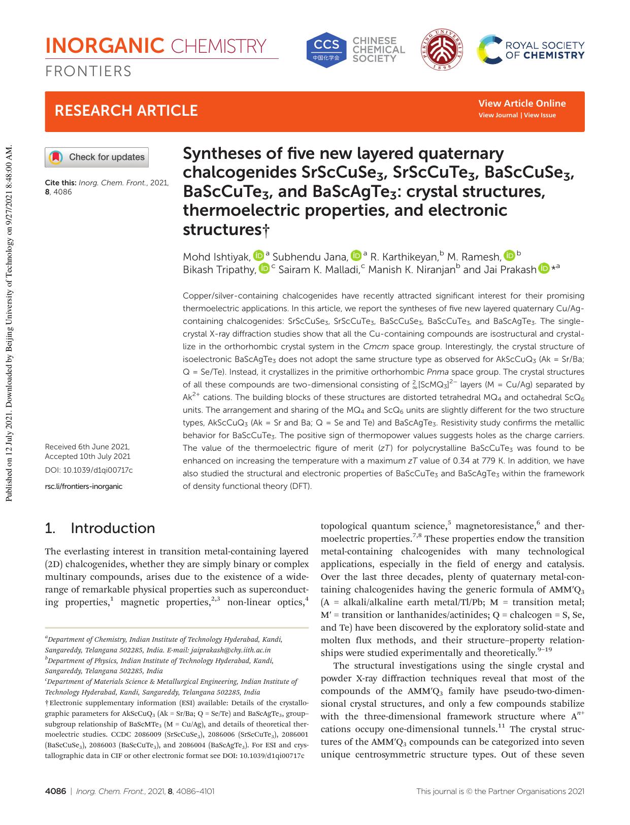 Syntheses of five new layered quaternary chalcogenides SrScCuSe3, SrScCuTe3, BaScCuSe3, BaScCuTe3, and BaScAgTe3: crystal structures, thermoelectric properties, and electronic structures by unknow