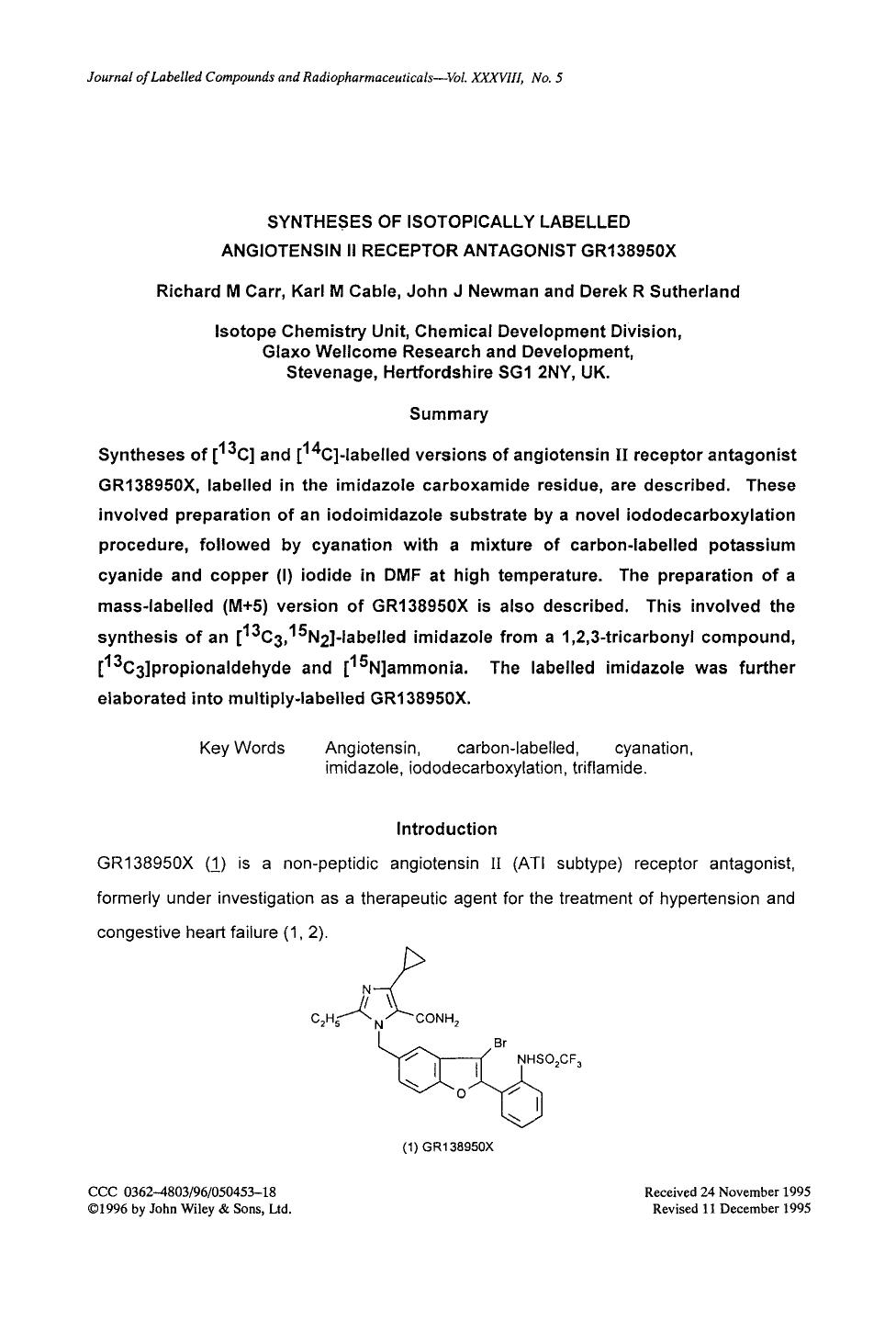 Syntheses of isotopically labelled angiotensin II receptor antagonist GR138950X by Unknown