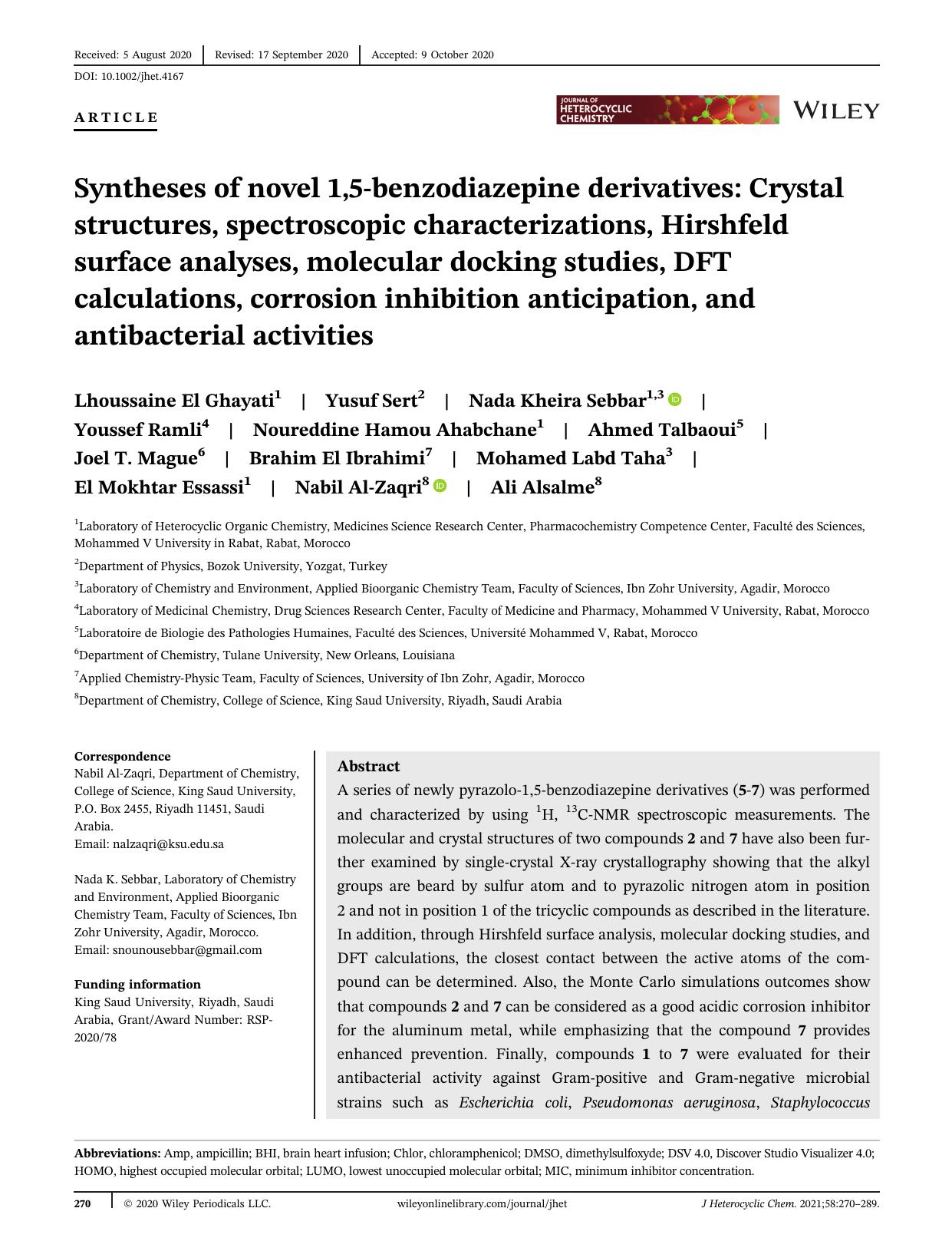 Syntheses of novel 1,5-Benzodiazepine derivatives: crystal structures, spectroscopic characterizations, Hirshfeld surface analyses, molecular docking studies, DFT calculations, cor by Unknown