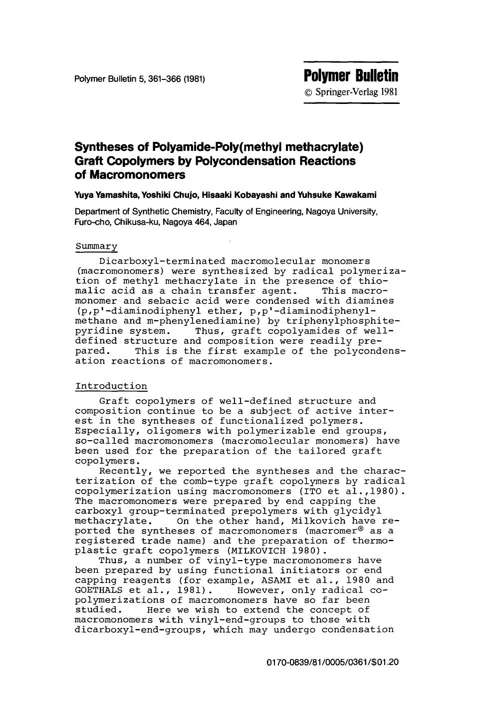 Syntheses of polyamide-poly(methyl methacrylate) graft copolymers by polycondensation reactions of macromonomers by Unknown