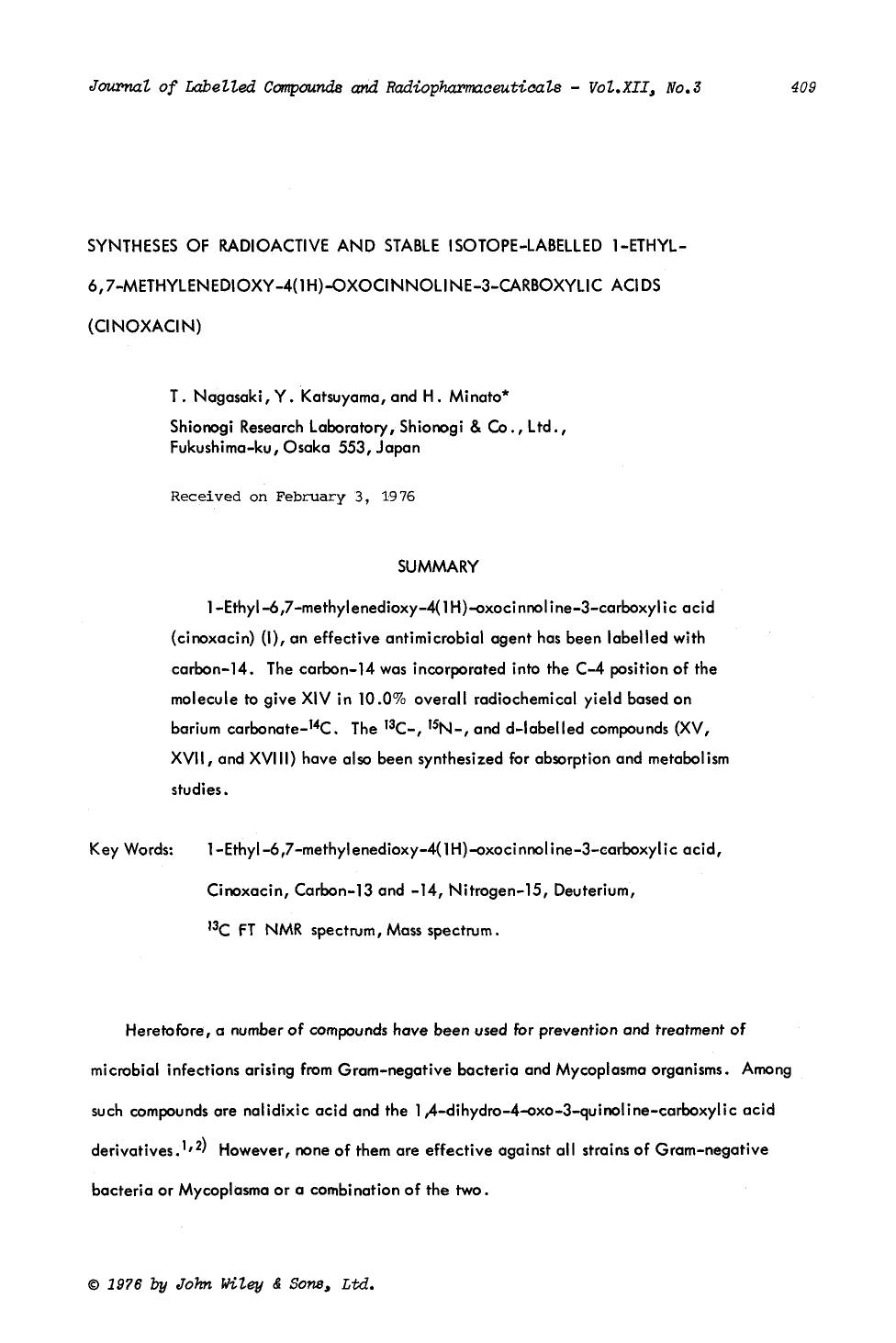 Syntheses of radioactive and stable isotope-labelled 1-ethyl-6,7-methylenedioxy-4(1h)-oxocinnoline-3-carboxylic acids (cinoxacin) by Unknown