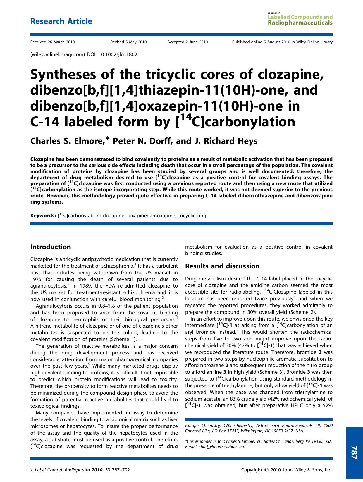 Syntheses of the tricyclic cores of clozapine, dibenzo[b,f][1,4]thiazepin11(10H)one, and dibenzo[b,f][1,4]oxazepin11(10H)one in C14 labeled form by [14C]carbonylation by Unknown