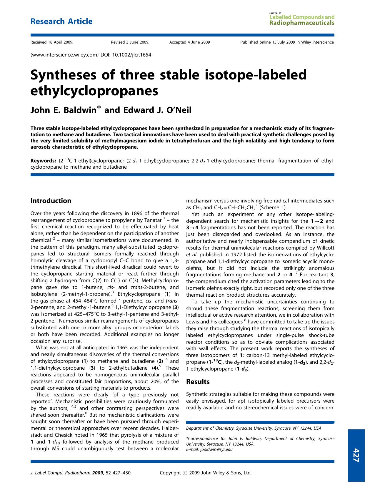 Syntheses of three stable isotope-labeled ethylcyclopropanes by Unknown