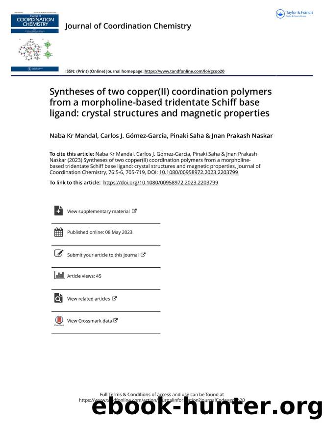 Syntheses of two copper(II) coordination polymers from a morpholine-based tridentate Schiff base ligand: crystal structures and magnetic properties by Mandal Naba Kr & Gómez-García Carlos J. & Saha Pinaki & Naskar Jnan Prakash
