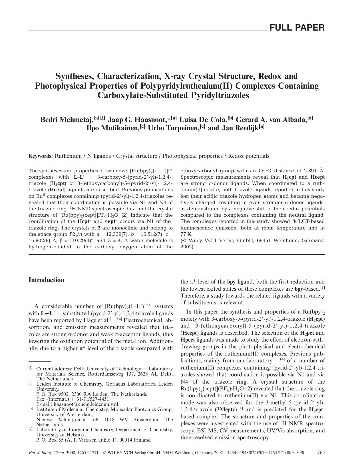 Syntheses, Characterization, X-ray Crystal Structure, Redox and Photophysical Properties of Polypyridylruthenium(II) Complexes Containing Carboxylate-Substituted Pyridyltriazoles by Unknown