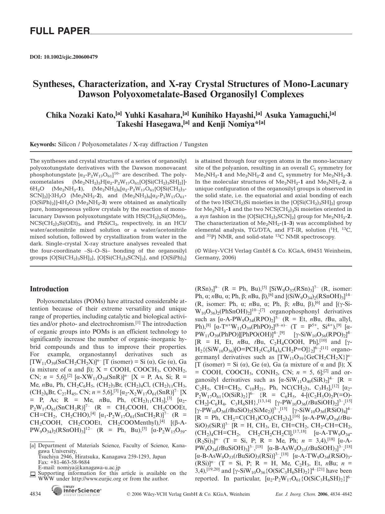 Syntheses, Characterization, and X-ray Crystal Structures of Mono-Lacunary Dawson Polyoxometalate-Based Organosilyl Complexes by Unknown