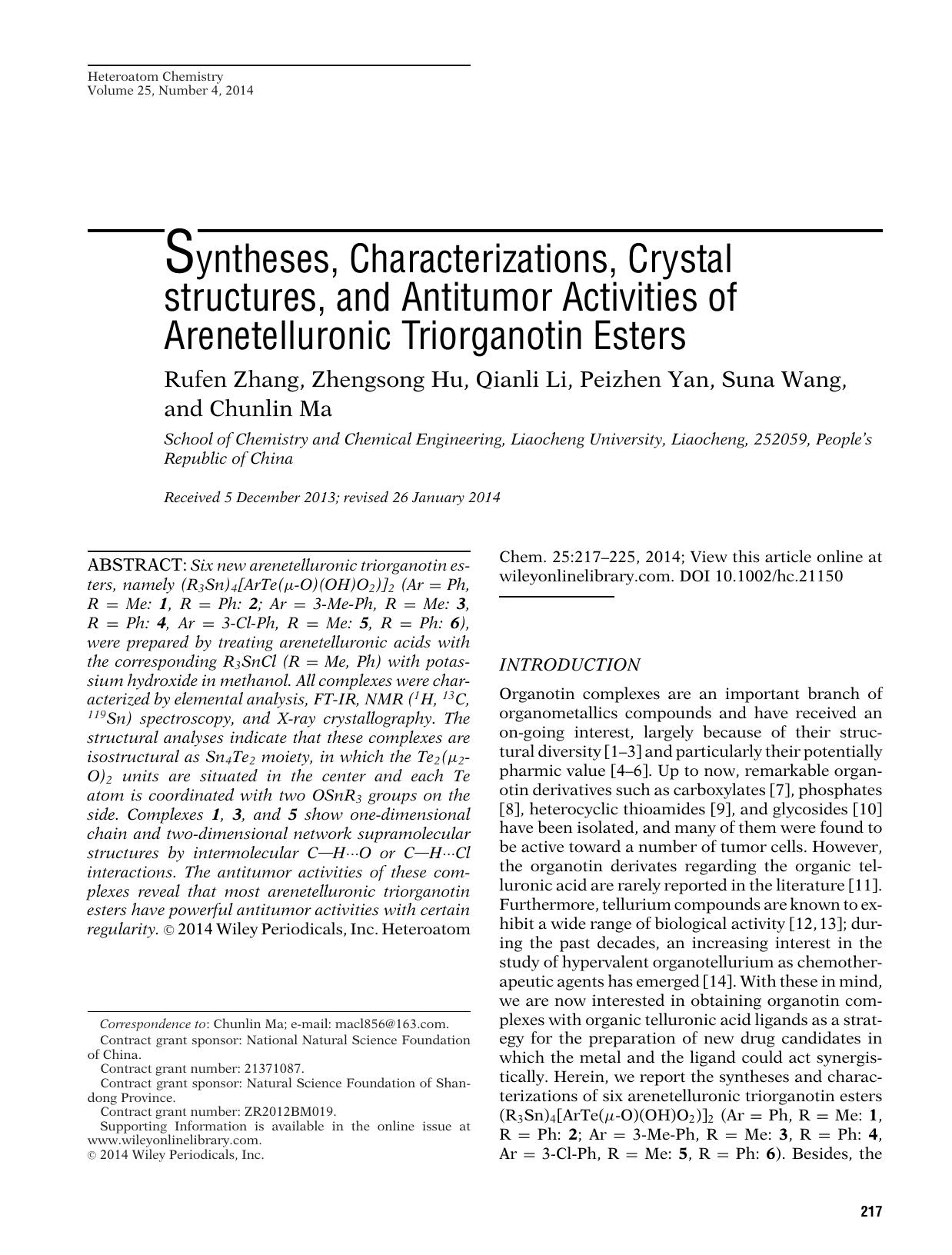 Syntheses, Characterizations, Crystal structures, and Antitumor Activities of Arenetelluronic Triorganotin Esters by Unknown