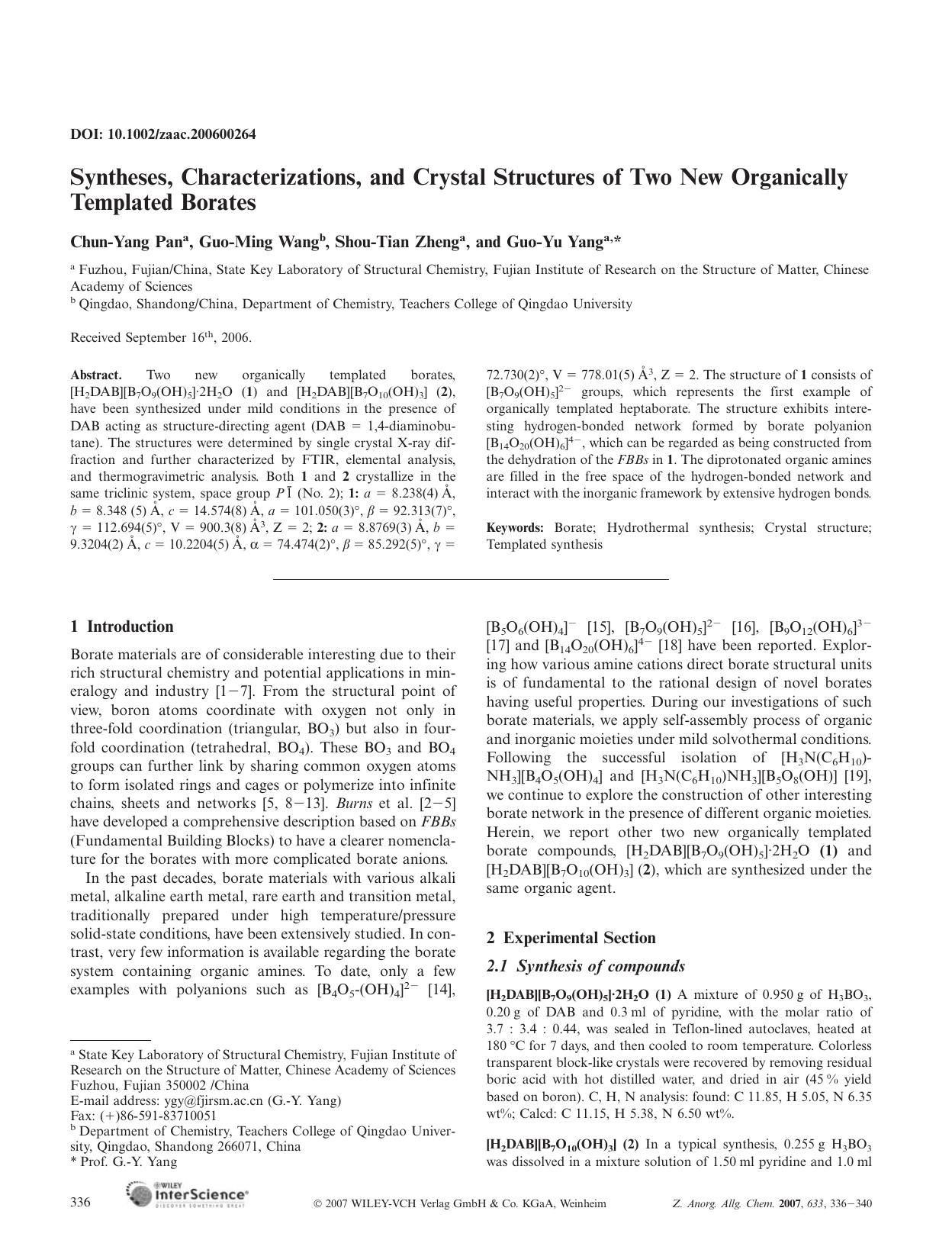 Syntheses, Characterizations, and Crystal Structures of Two New Organically Templated Borates by Unknown