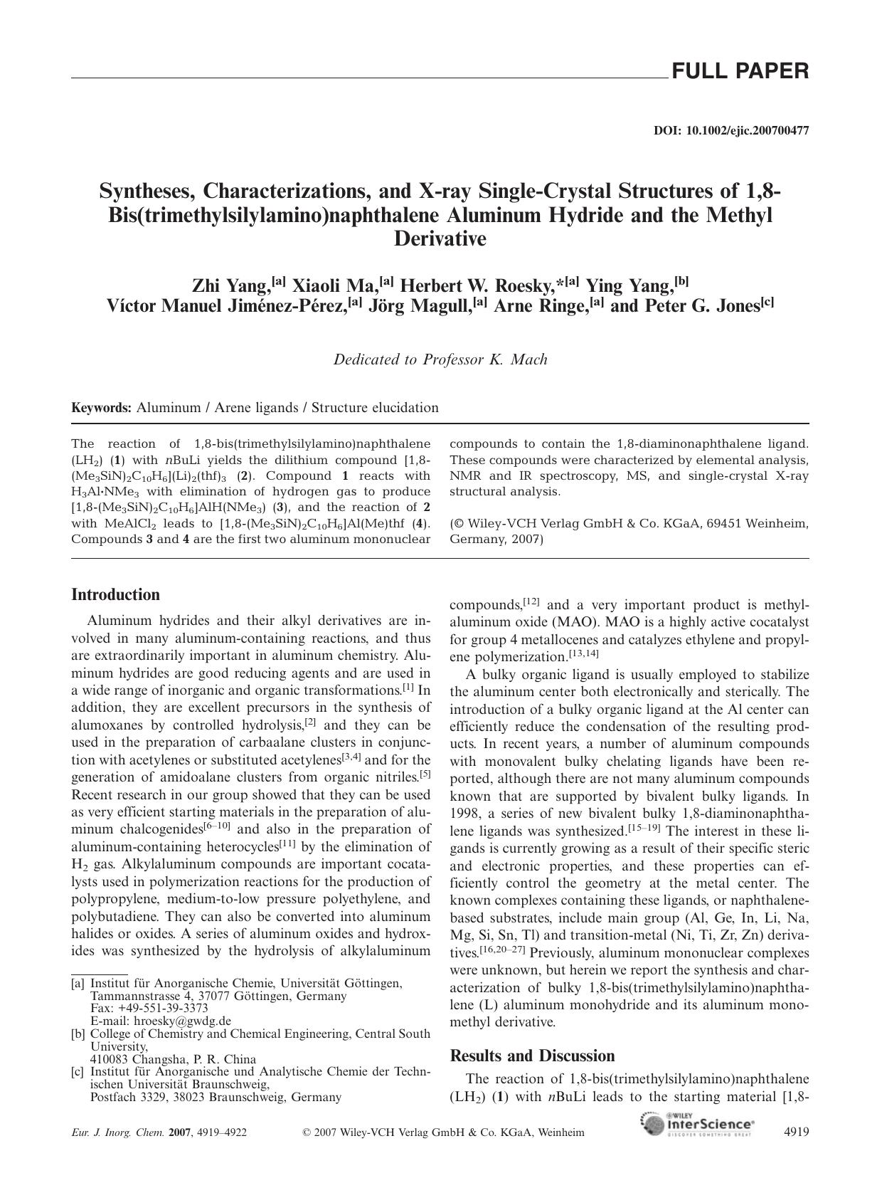 Syntheses, Characterizations, and X-ray Single-Crystal Structures of 1,8-Bis(trimethylsilylamino)naphthalene Aluminum Hydride and the Methyl Derivative by Unknown