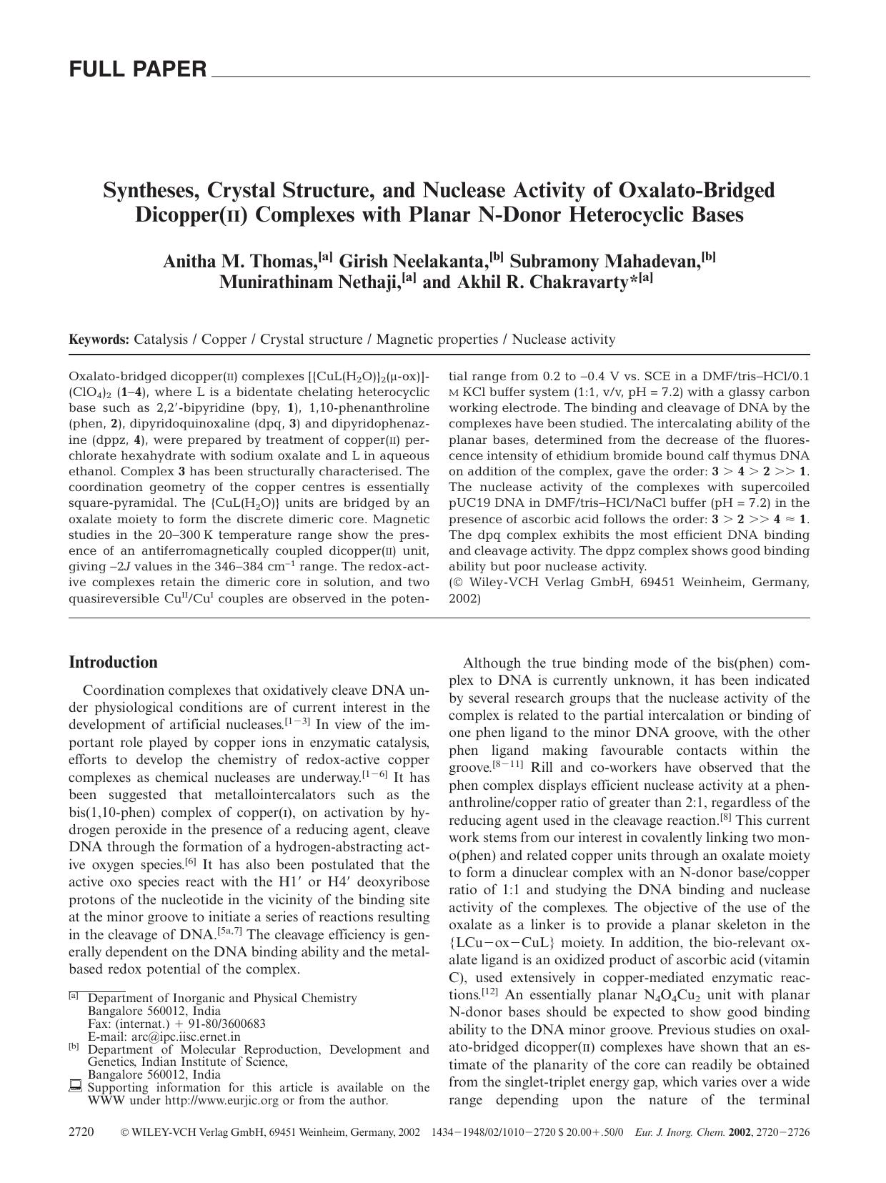 Syntheses, Crystal Structure, and Nuclease Activity of Oxalato-Bridged Dicopper(II) Complexes with Planar N-Donor Heterocyclic Bases by Unknown