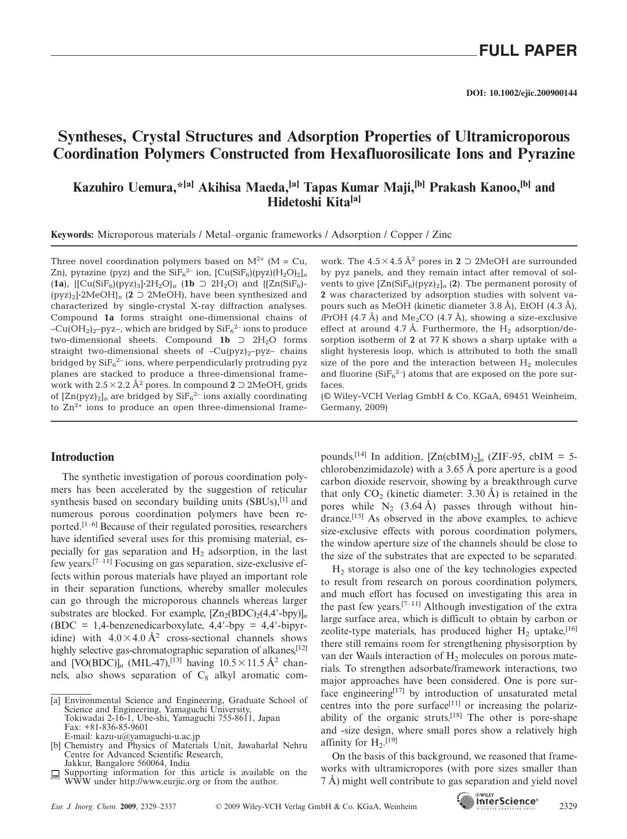 Syntheses, Crystal Structures and Adsorption Properties of Ultramicroporous Coordination Polymers Constructed from Hexafluorosilicate Ions and Pyrazine by Unknown
