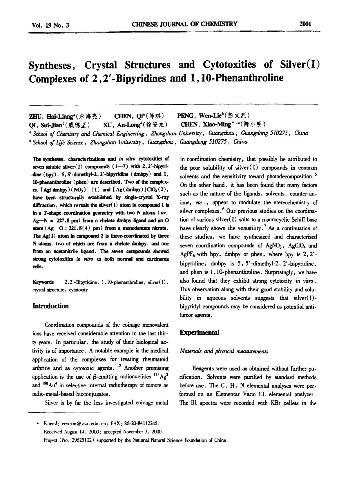 Syntheses, Crystal Structures and Cytotoxities of Silver (I) Complexes of 2,2Bipyridines and 1,10Phenanthroline by Unknown
