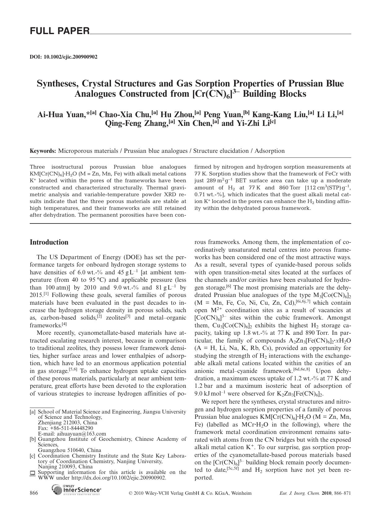 Syntheses, Crystal Structures and Gas Sorption Properties of Prussian Blue Analogues Constructed from [Cr(CN)6]3- Building Blocks by Unknown