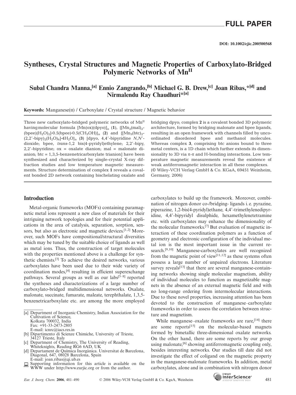 Syntheses, Crystal Structures and Magnetic Properties of Carboxylato-Bridged Polymeric Networks of MnII by Unknown