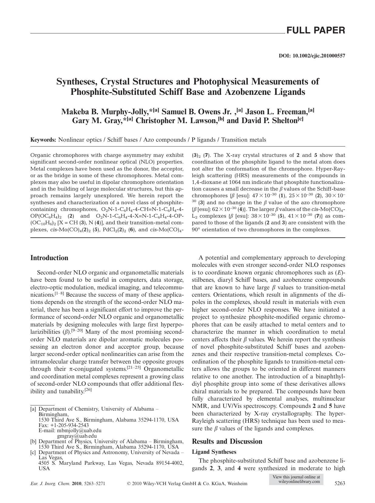 Syntheses, Crystal Structures and Photophysical Measurements of PhosphiteSubstituted Schiff Base and Azobenzene Ligands by Unknown