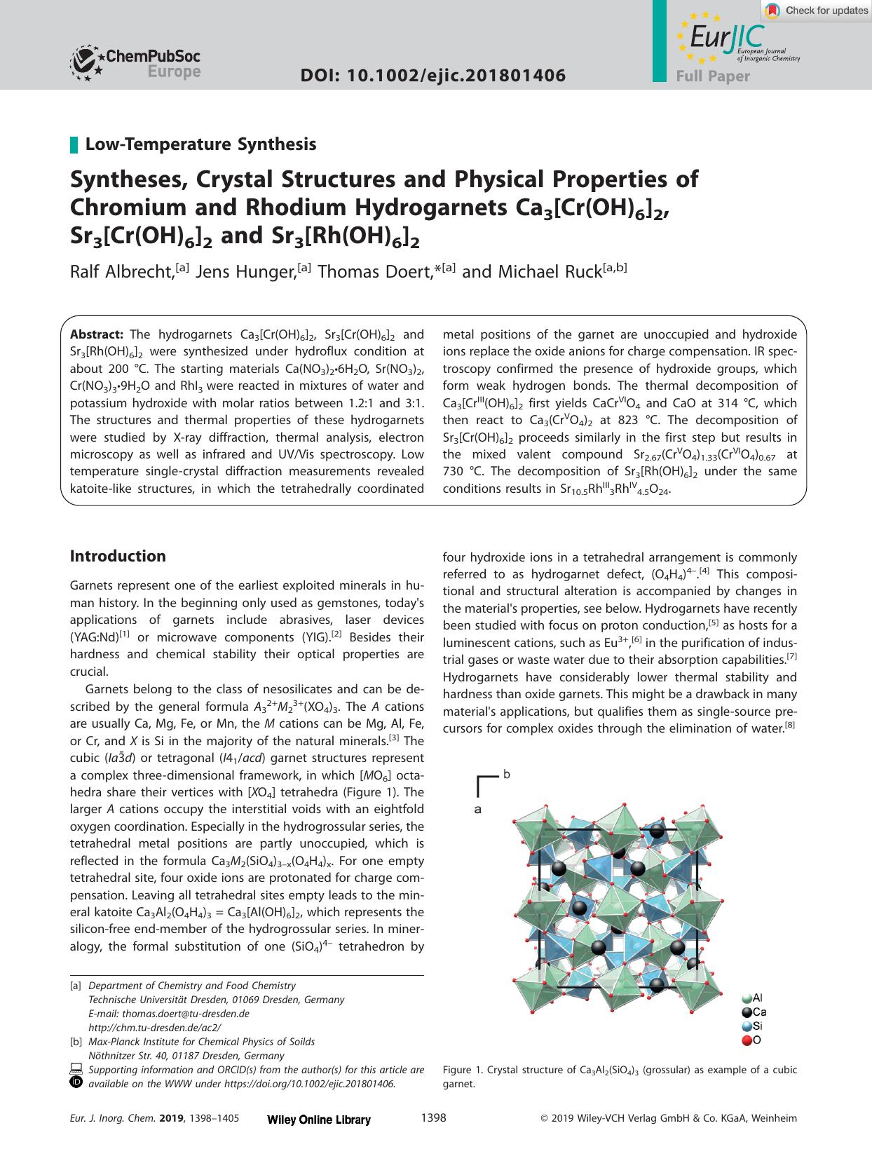 Syntheses, Crystal Structures and Physical Properties of Chromium and Rhodium Hydrogarnets Ca3[Cr(OH)6]2, Sr3[Cr(OH)6]2 and Sr3[Rh(OH)6]2 by Unknown