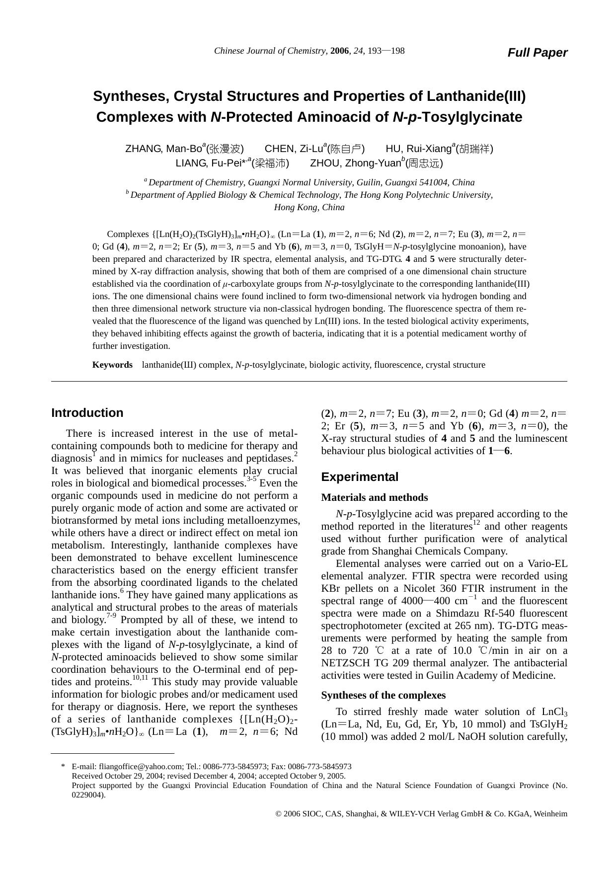 Syntheses, Crystal Structures and Properties of Lanthanide(III) Complexes with N-Protected Aminoacid of N-p-Tosylglycinate by lhbjs