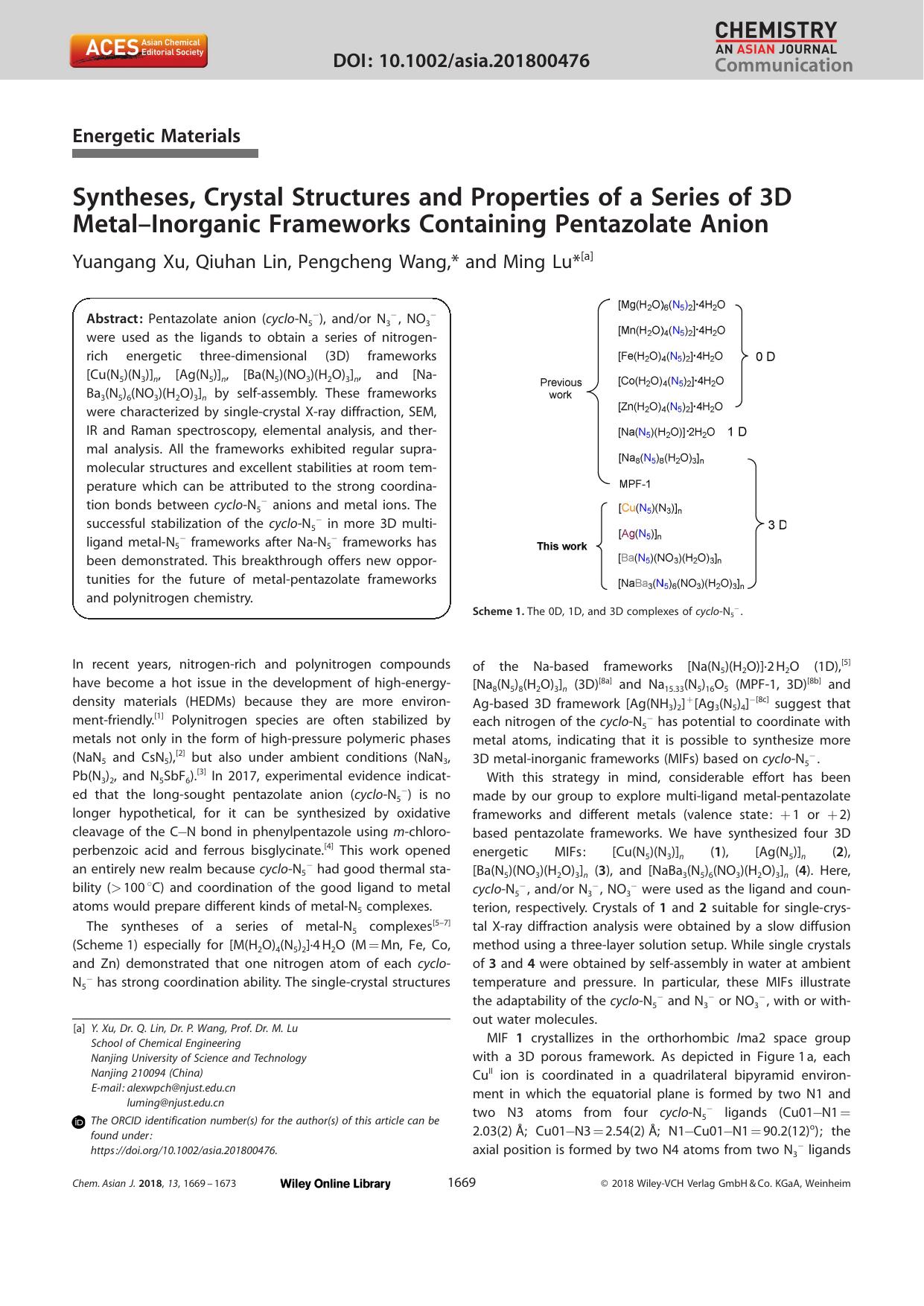 Syntheses, Crystal Structures and Properties of a Series of 3D MetalâInorganic Frameworks Containing Pentazolate Anion by Unknown